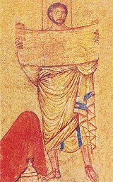 Le prophète Jérémie tenant le rouleau de la Loi, à côté de l'Arche d'Alliance, fresque de la synagogue de Doura Europos