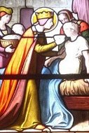 Vitrail de l'église de Nozeroy - La Bienheureuse Louise de Savoie visite les malades