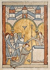 Enluminure du XIIIe siècle représentant le meurtre de Thomas Becket